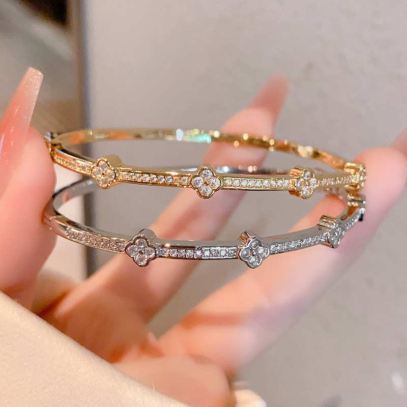 Gold Bangle Stylish Four Leaf Clover Hinged Bracelet Featuring Micro Pave Diamond Clusters For Women Daily Wear Gift - view 5