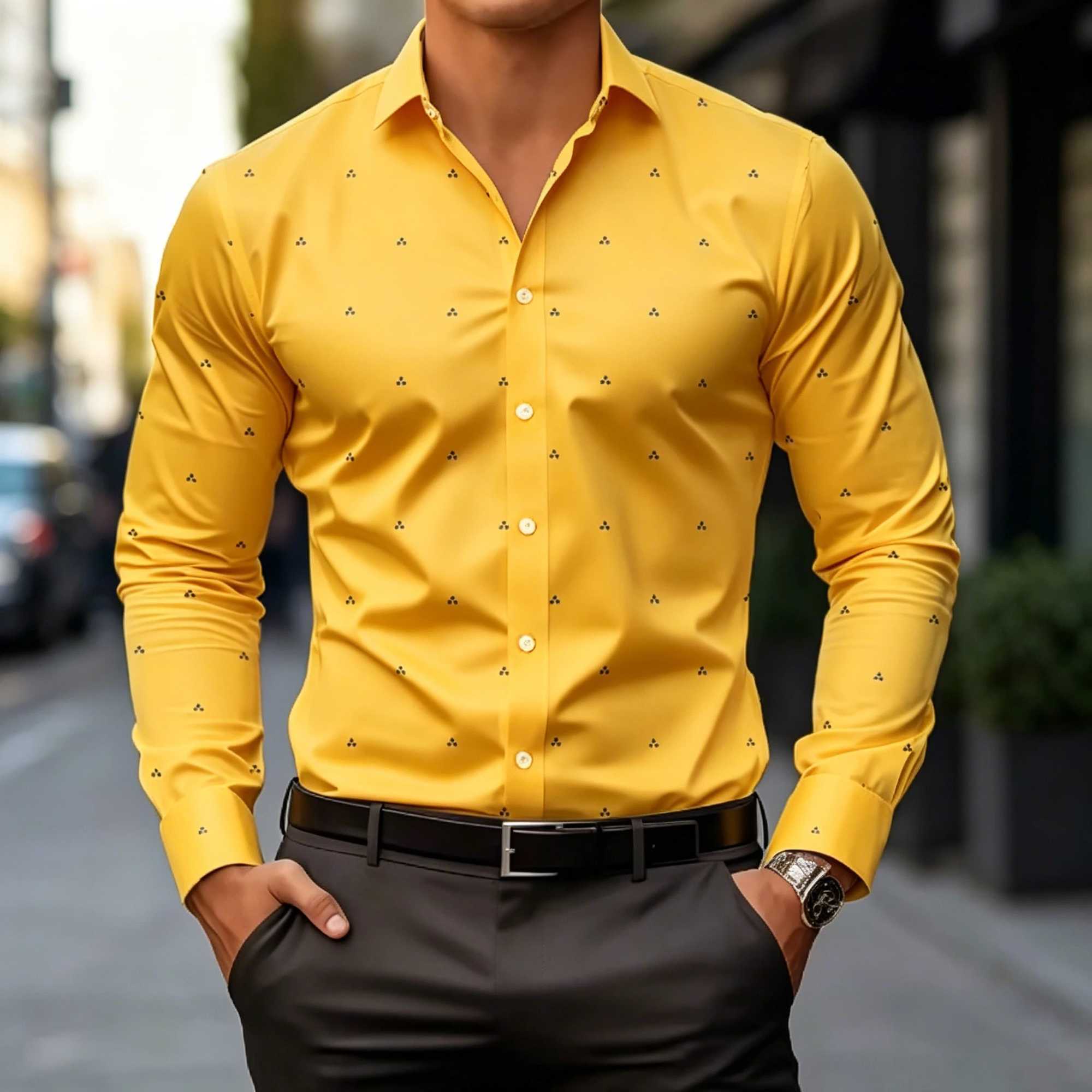 Men Slim Fit Lightweight Long Sleeve Shirt Subtle Geometric Dot Print Breathable Fabric Formal Casual Daily Tops Z260805