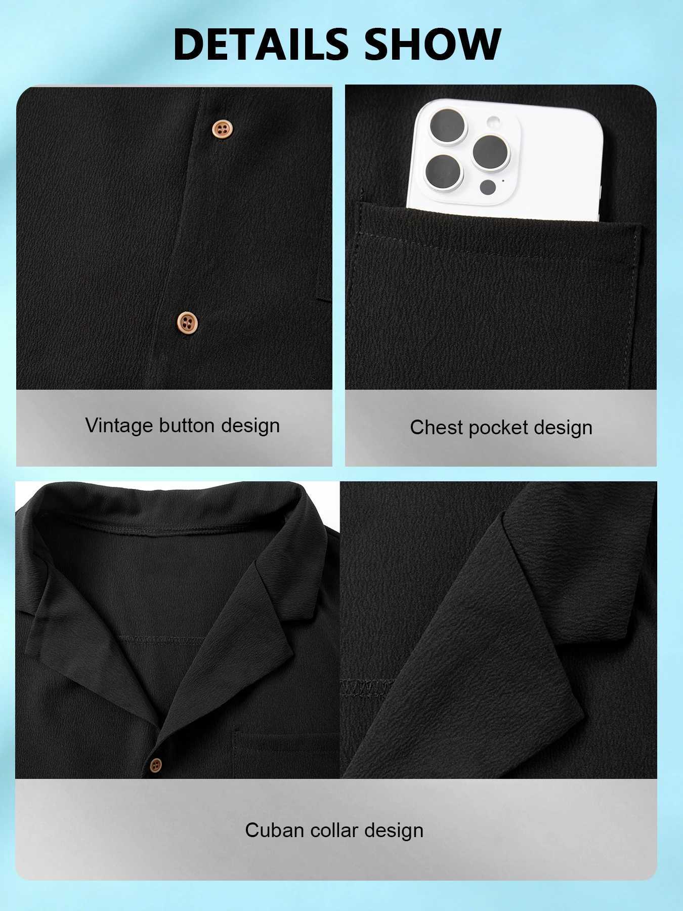 Men Cuban Collar Vacation Shirts Chest Pocket Vintage Buttons Textured Wrinkle Resistant Short Sleeve Button Down Lightweight Z260805 - view 5