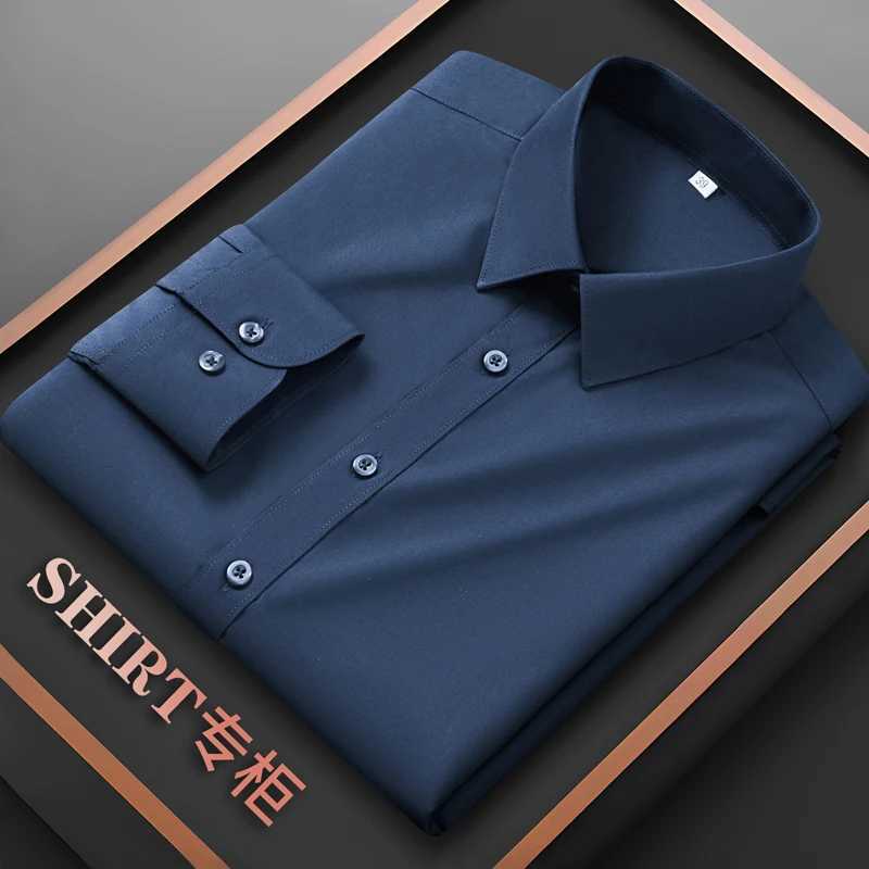 Men's High Stretch Shirt Men's Long Sleeved Black Wrinkle Resistant Ice Silk Spring and Autumn Business Elastic Plus Size Shirt Z260805