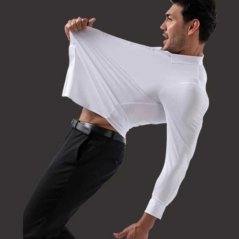 High Stretch Men's Dress Shirt Long Sleeved Solid Color Silky Business Casual Smooth Work Wrinkle Free White Black Office Shirt Z260805 - view 6