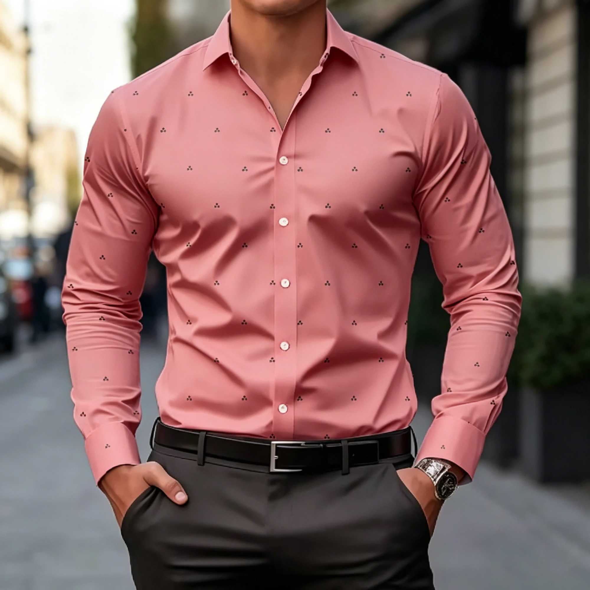 Men Slim Fit Lightweight Long Sleeve Shirt Subtle Geometric Dot Print Breathable Fabric Formal Casual Daily Tops Z260805