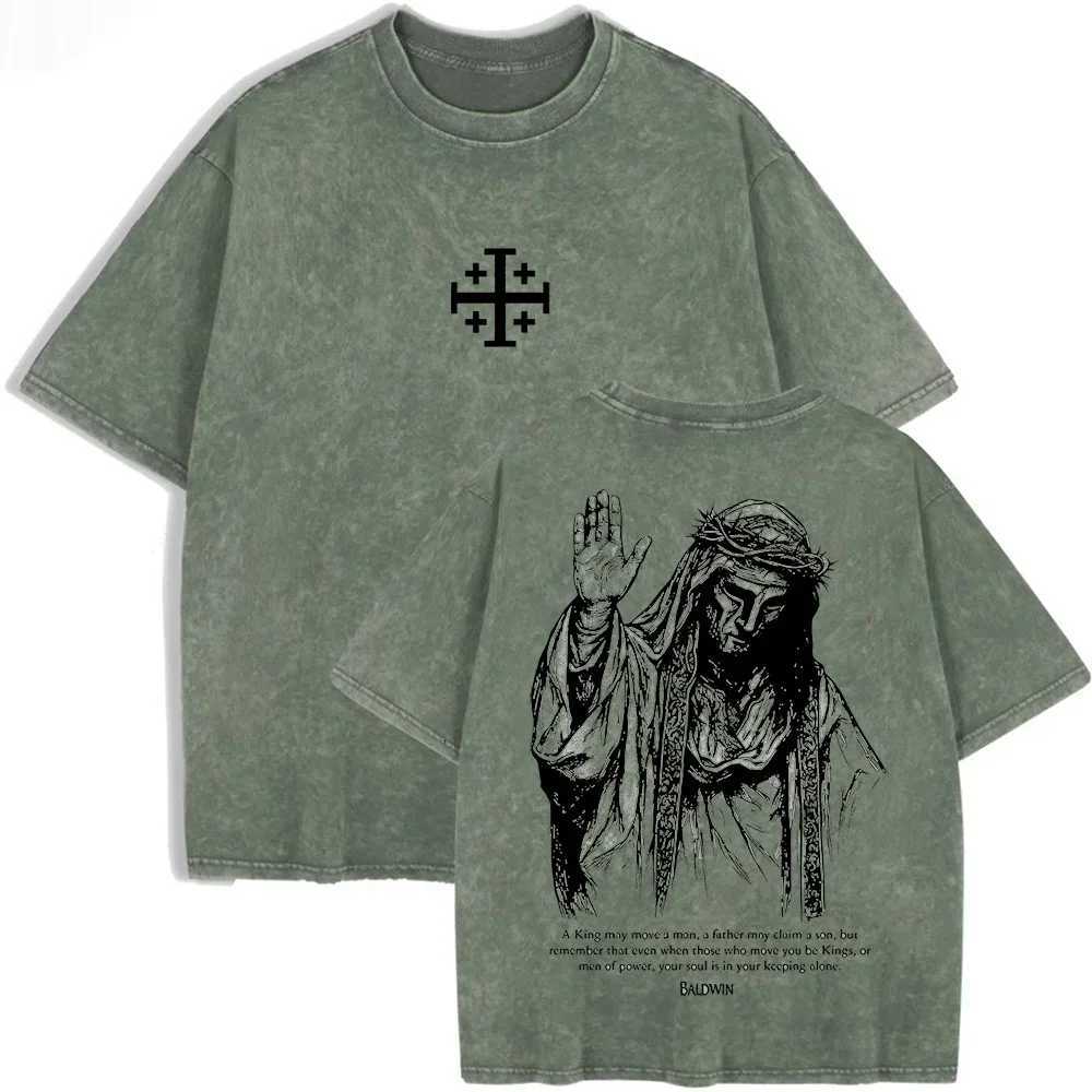 of 2026 Crown Jesus With Thorns T Shirt Vintage Washed Grey Graphic Tee Unisex Casual Religious Top J260804 - view 7