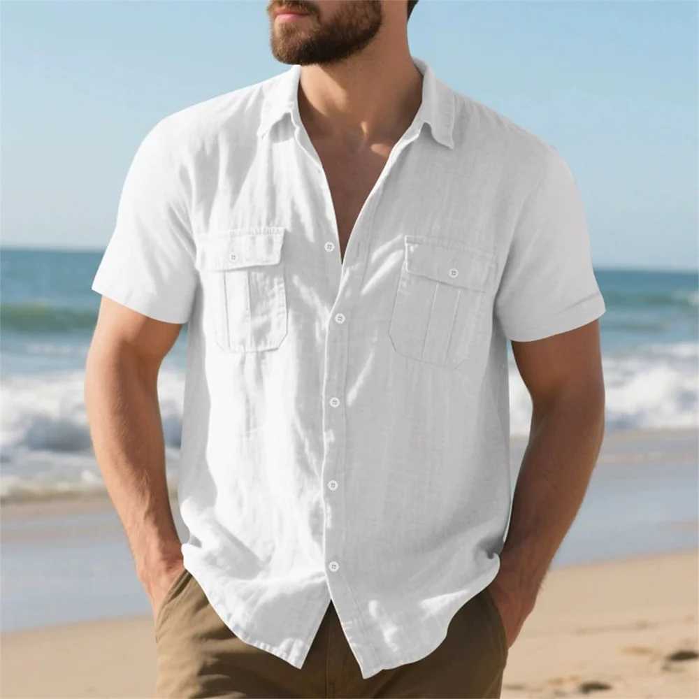Summer Men's Cotton Linen Short Sleeve Shirt Double Pocket Solid Color Cargo Shirts Casual Vacation Beach Style Lightweight Tops Z260805 - view 4