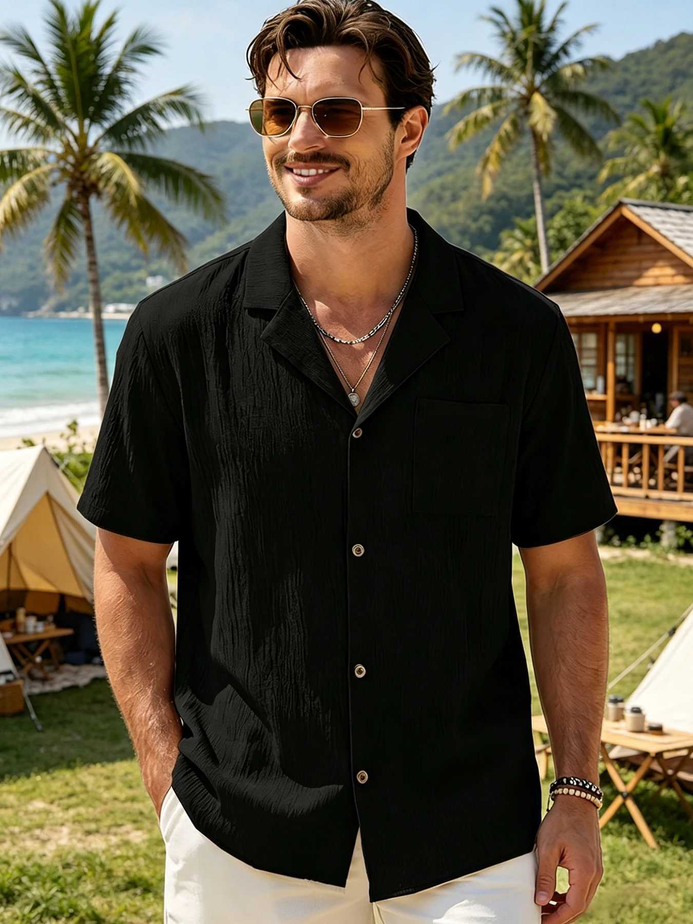 Men Cuban Collar Vacation Shirts Chest Pocket Vintage Buttons Textured Wrinkle Resistant Short Sleeve Button Down Lightweight Z260805