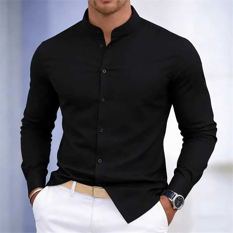 Men's stand-up collar white or black long-sleeved shirt solid color shirt slim fit business casual men's top sizes XS-6XL. Z260805 - view 3
