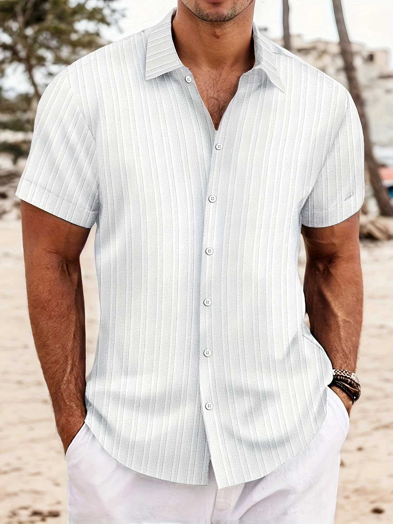 Men's Solid White Vertical Striped Textured Lapel Short Sleeve Shirt Summer Loose Casual Smart Top Z260805
