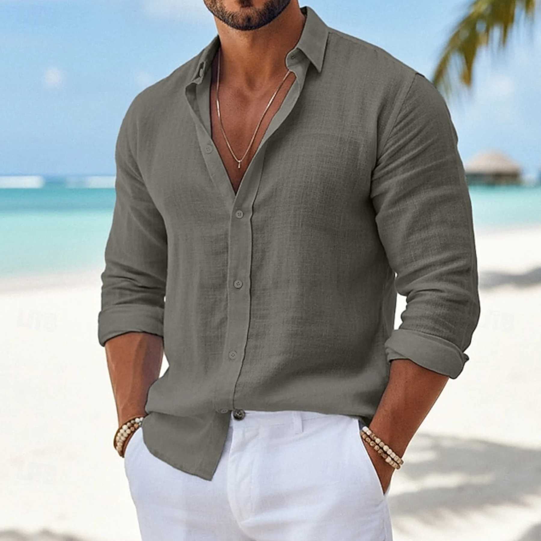 Men Casual Cotton Linen ShirtsStanding Collar Male Solid Color Long Sleeves Loose Tops Spring Autumn Handsome Men's Shirts Z260805