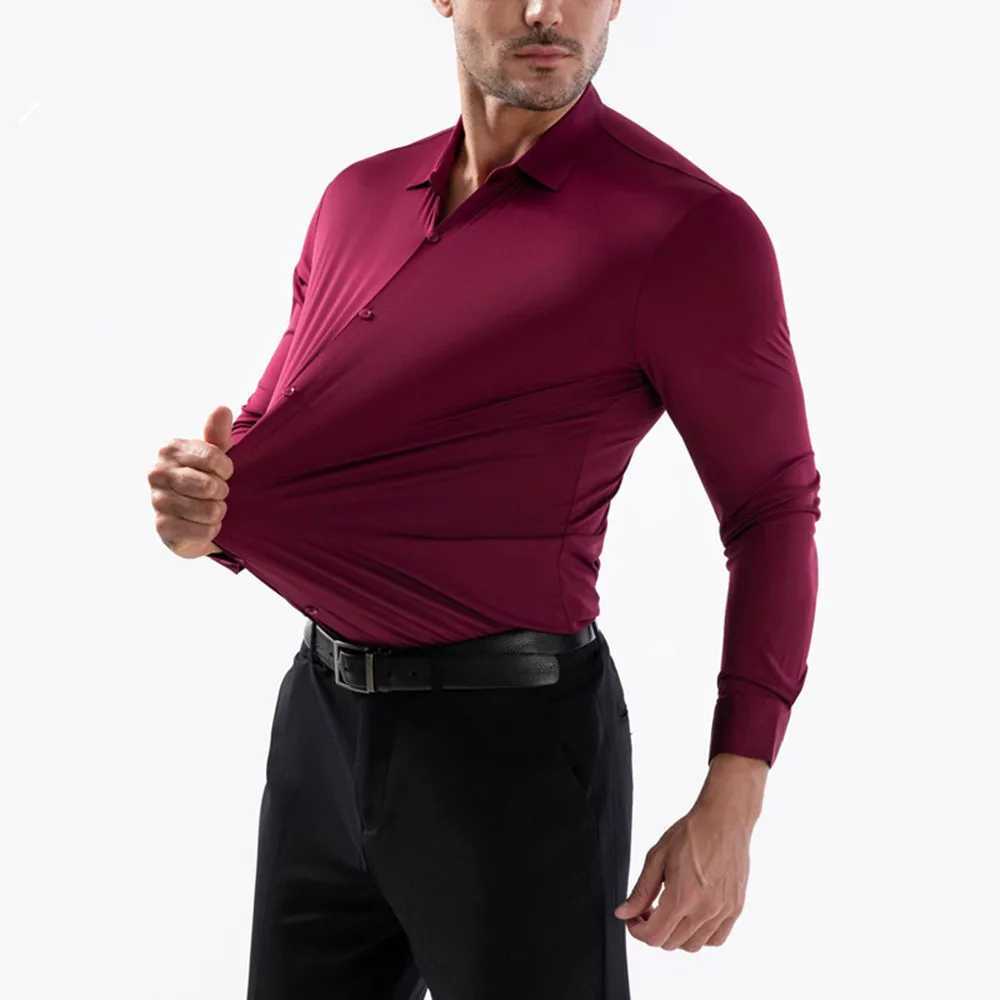 New Design Business Shirts For Men Luxury Autumn Long Sleeve Solid Causal High Stretchable Non-iron Ice Silk Thin Soft Social Z260805