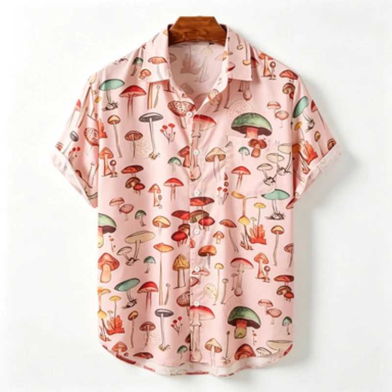 Men's short sleeved shirt with European and American style colorful mushroom print men's short sleeved shirt business casual Z260805