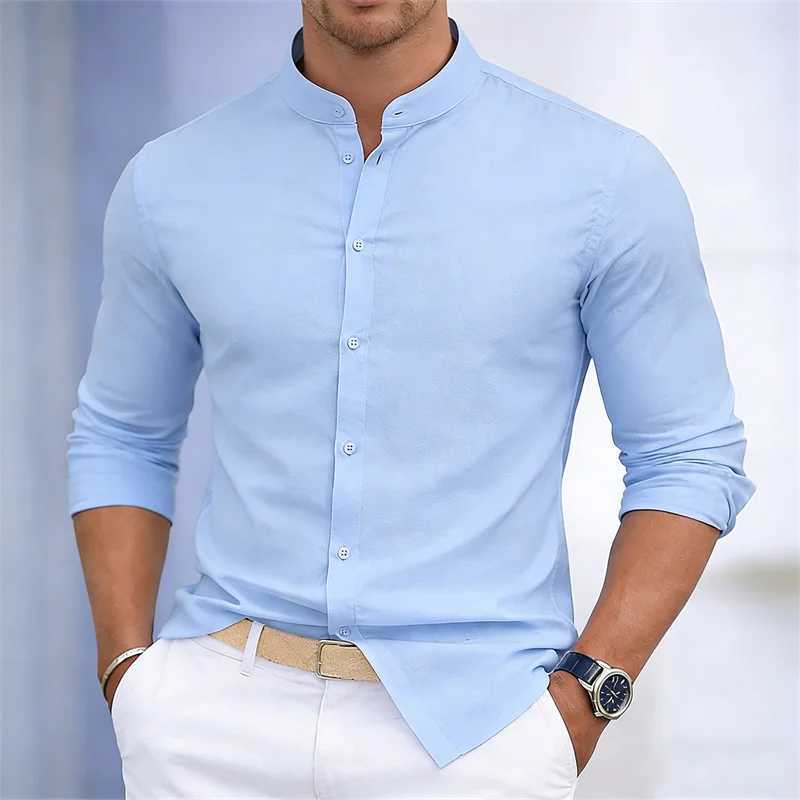 Men's stand-up collar white or black long-sleeved shirt solid color shirt slim fit business casual men's top sizes XS-6XL. Z260805 - view 6