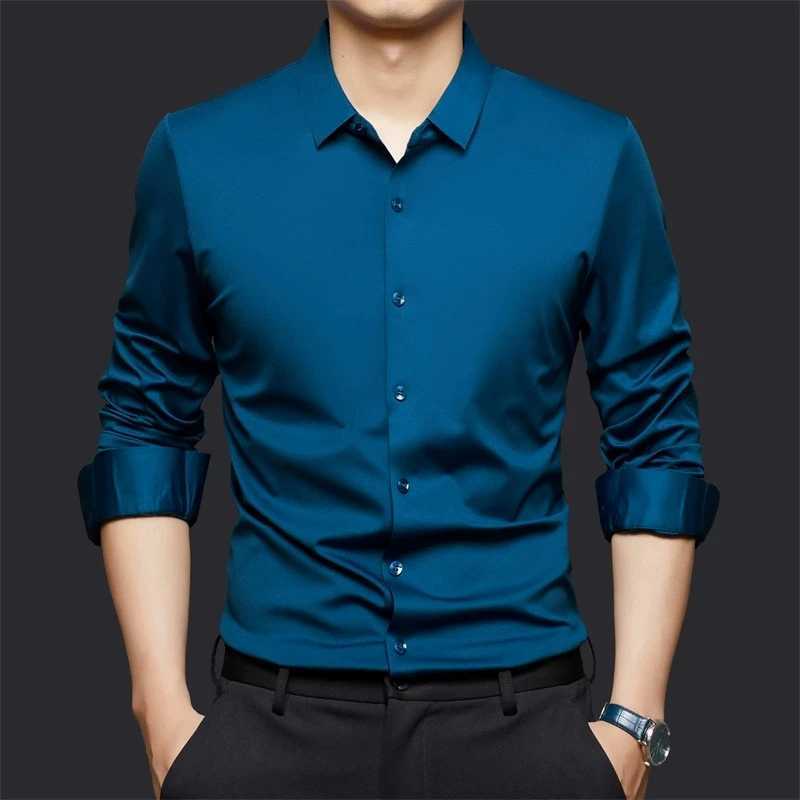 High Stretch Men's Dress Shirt Long Sleeved Solid Color Silky Business Casual Smooth Work Wrinkle Free White Black Office Shirt Z260805 - view 4