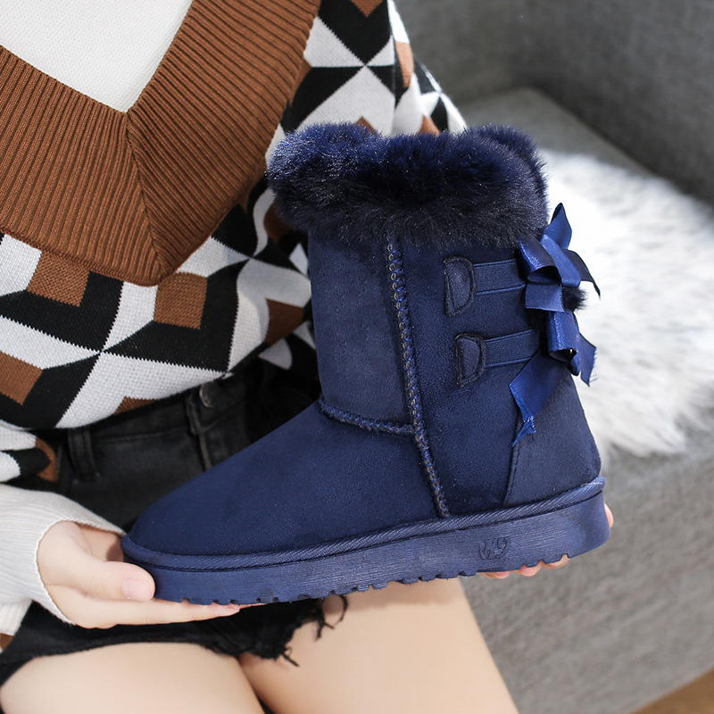 free shipping 2026 winter new style bow design warm snow boots for women fashion versatile casual lined short boots blue wine red