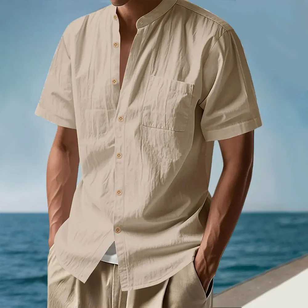 Summer Men's Short Sleeve Shirt Solid Color Casual Single Breasted Cotton Linen Breathable Lightweight Male Basic Style Top Z260805 - view 3
