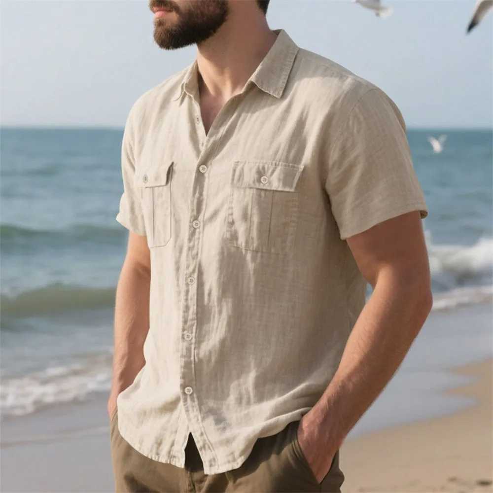 Summer Men's Cotton Linen Short Sleeve Shirt Double Pocket Solid Color Cargo Shirts Casual Vacation Beach Style Lightweight Tops Z260805 - view 3