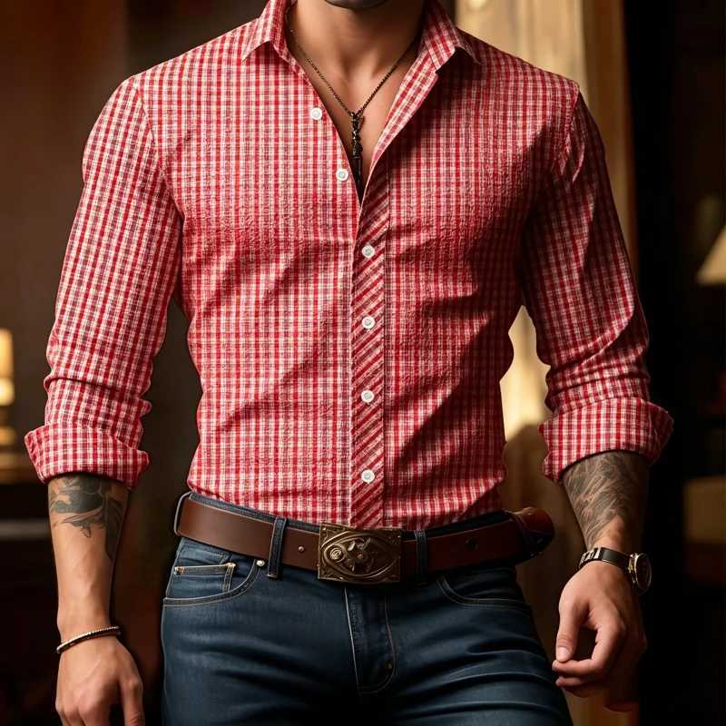 Men Plaid Print Long Sleeve Button Down Shirts Casual Business Dress Tops For Men Soft Breathable Daily Wear Blouse Z260805