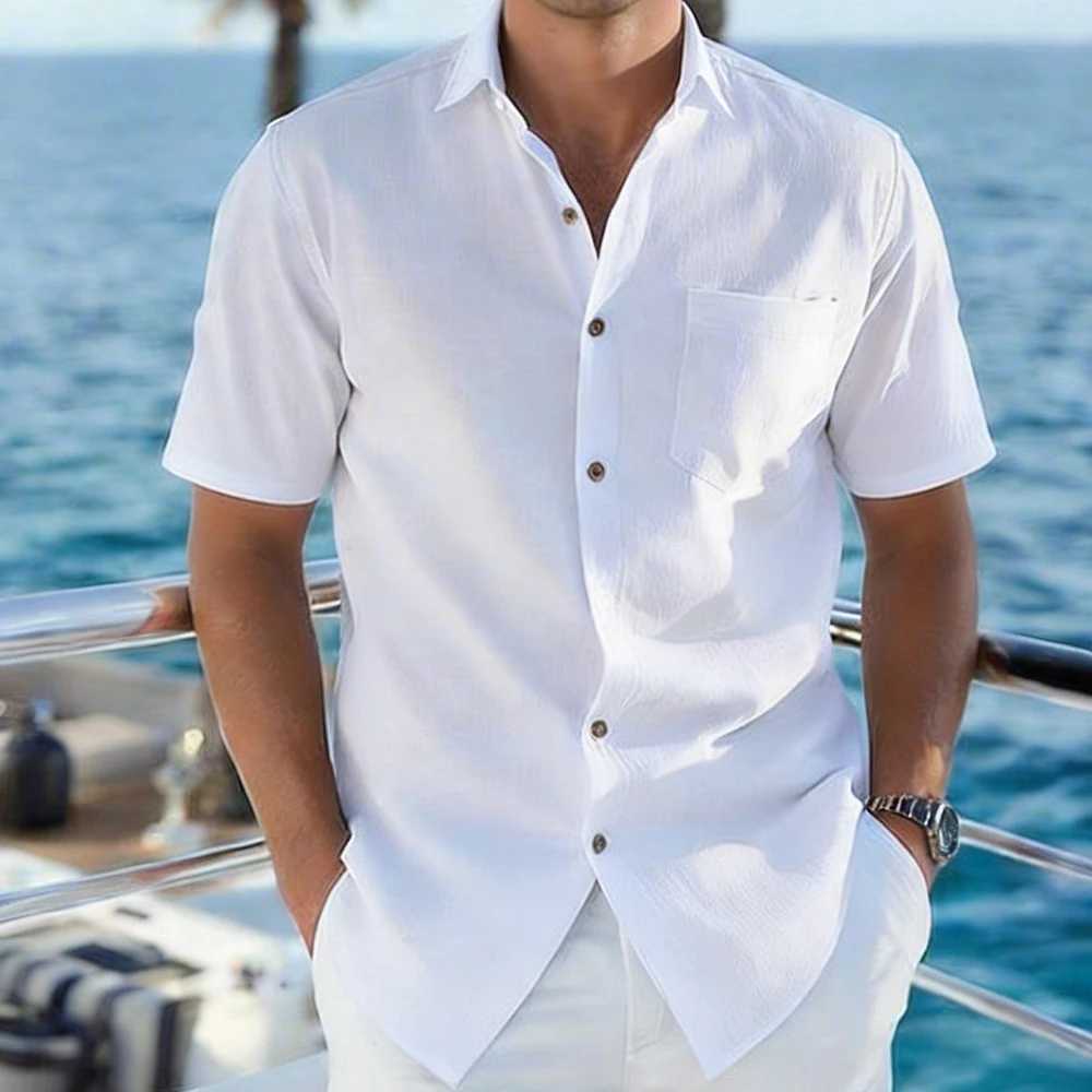 Summer Men's Solid Color Short Sleeve Breathable Lightweight Button Lapel Collar Shirts Male Casual Vacation Shirts Tops Z260805