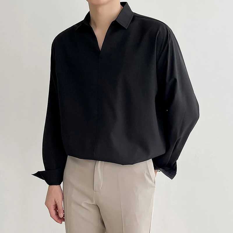 New Korean V Neck Men Shirts Luxury Casual Drooping Style Slim Solid Color Long Sleeve Pullover Blouse High Quality Autumn Tops Z260805 - view 7