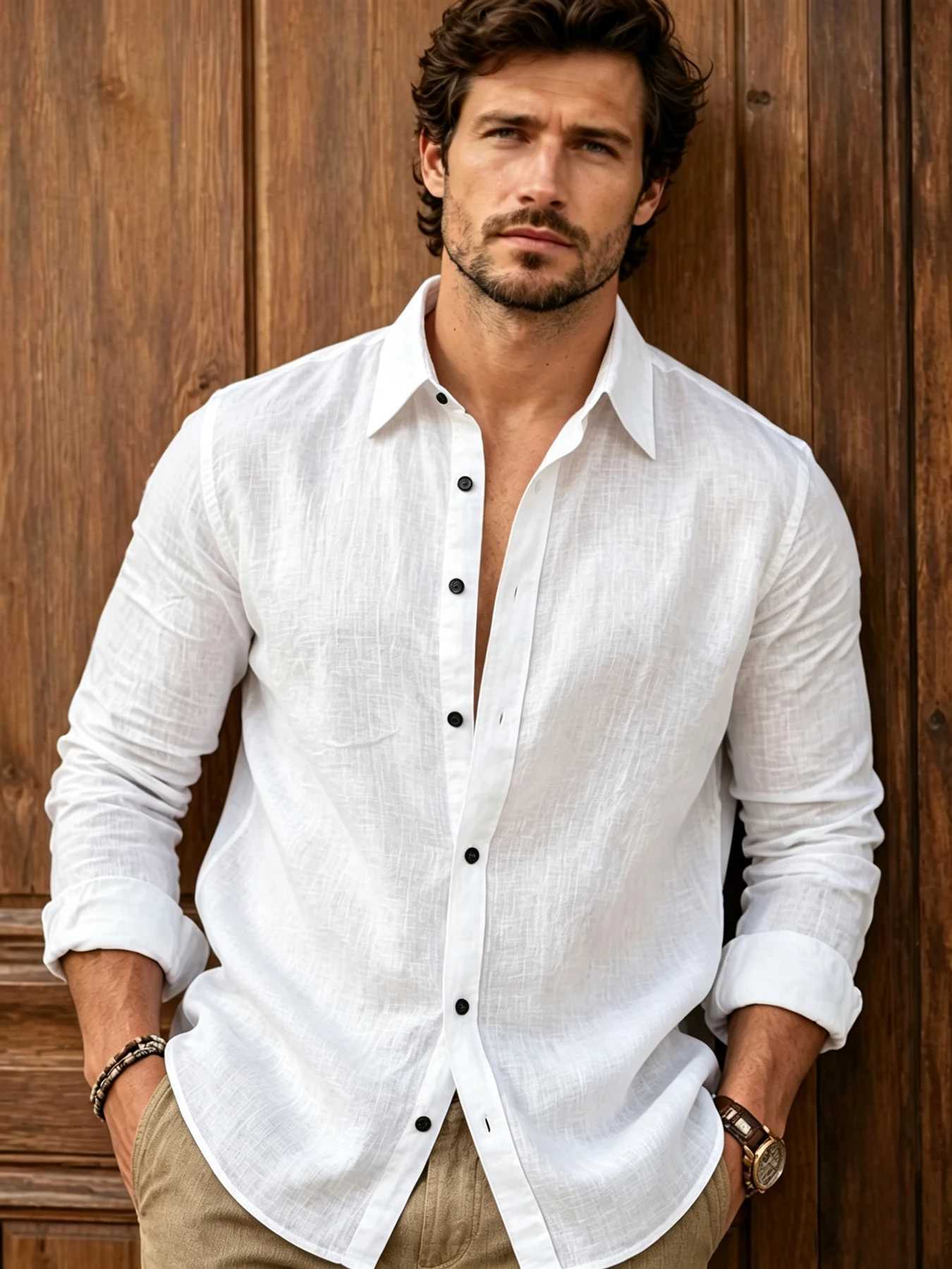 Men's retro casual style lapel single-breasted linen shirt natural texture linen fabric breathable sweat-tight relaxed and off Z260805