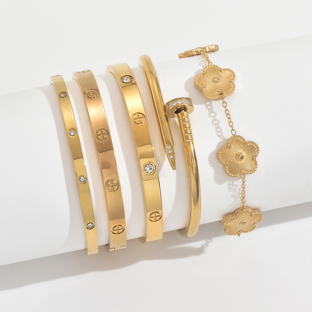 Bangles Luxury Gold Tone Bracelet Stackable Set Featuring Screw Design And Flower Charm Pendant Elegant Jewelry Gift For Her - view 4
