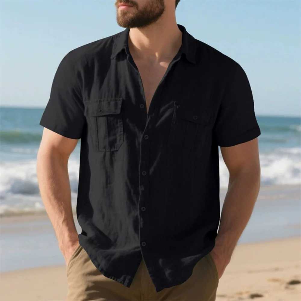 Summer Men's Cotton Linen Short Sleeve Shirt Double Pocket Solid Color Cargo Shirts Casual Vacation Beach Style Lightweight Tops Z260805 - view 6