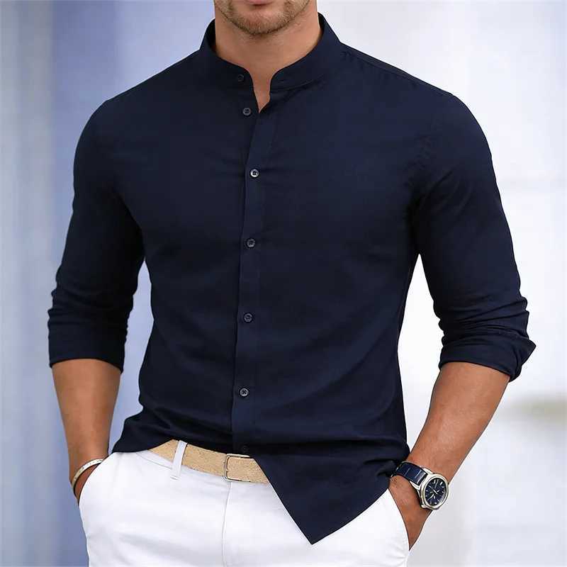 Men's stand-up collar white or black long-sleeved shirt solid color shirt slim fit business casual men's top sizes XS-6XL. Z260805 - view 4