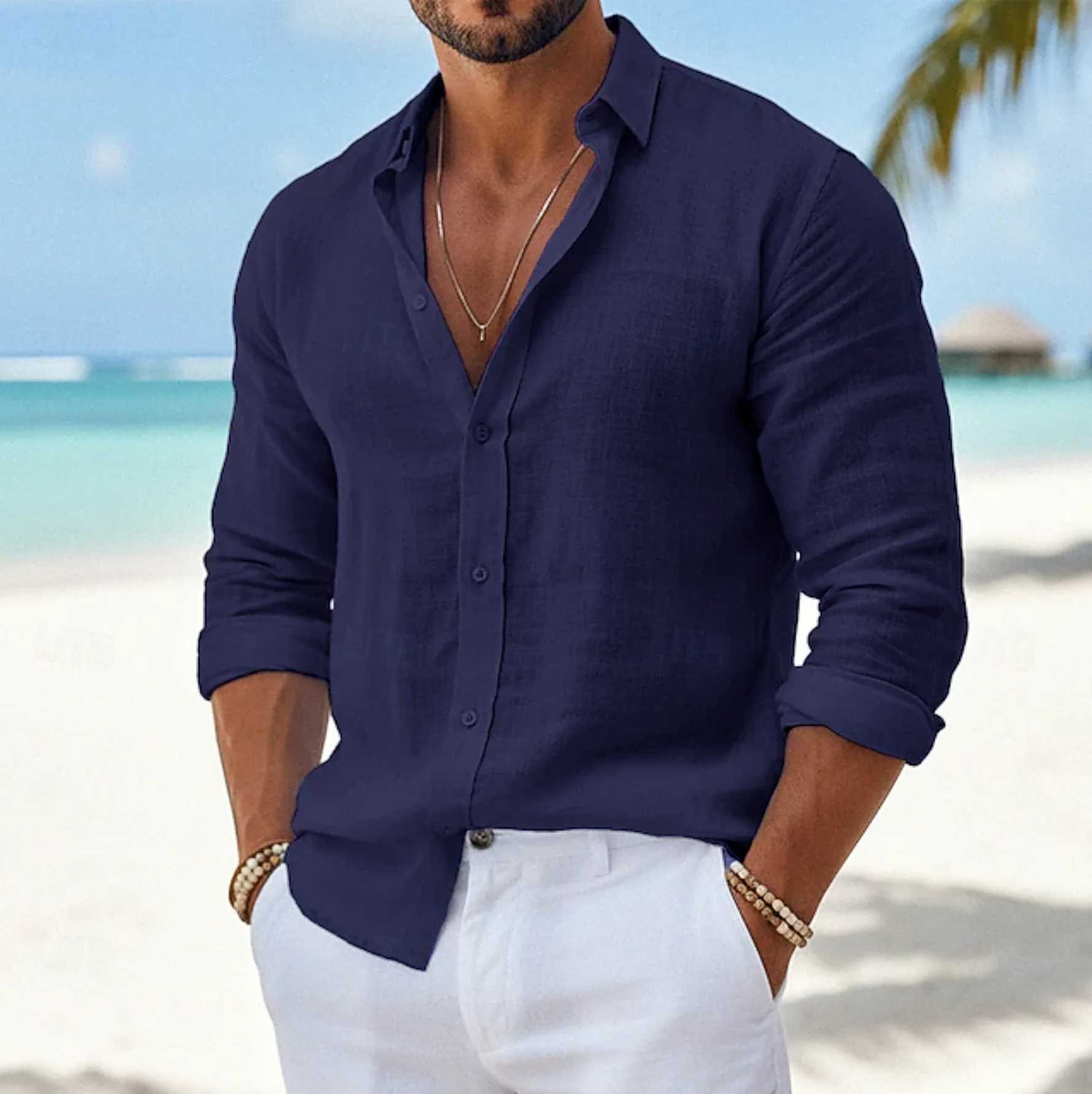 Men Casual Cotton Linen ShirtsStanding Collar Male Solid Color Long Sleeves Loose Tops Spring Autumn Handsome Men's Shirts Z260805