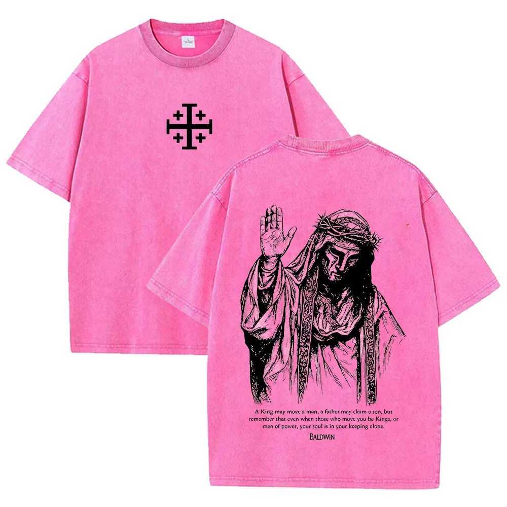 of 2026 Crown Jesus With Thorns T Shirt Vintage Washed Grey Graphic Tee Unisex Casual Religious Top J260804 - view 5