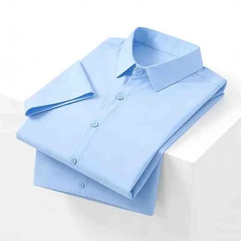 Casual Light Blue Short Sleeve Button Up Shirt for Men Versatile Collared Dress Shirt for Spring Summer Z260805