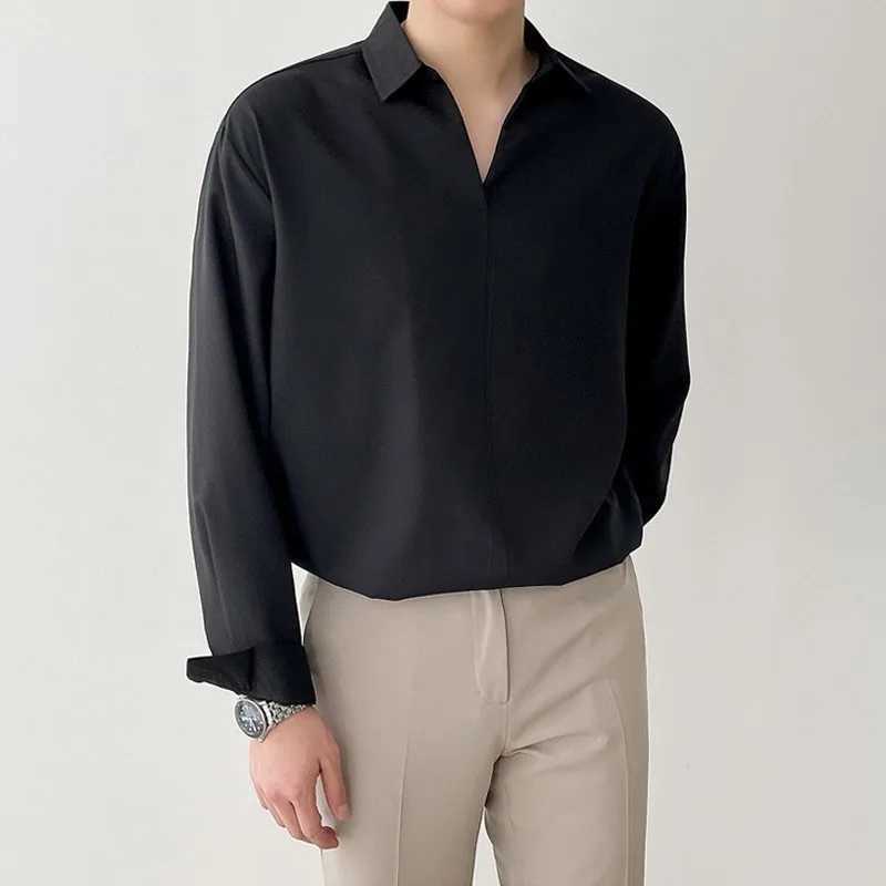 New Korean V Neck Men Shirts Luxury Casual Drooping Style Slim Solid Color Long Sleeve Pullover Blouse High Quality Autumn Tops Z260805 - view 5