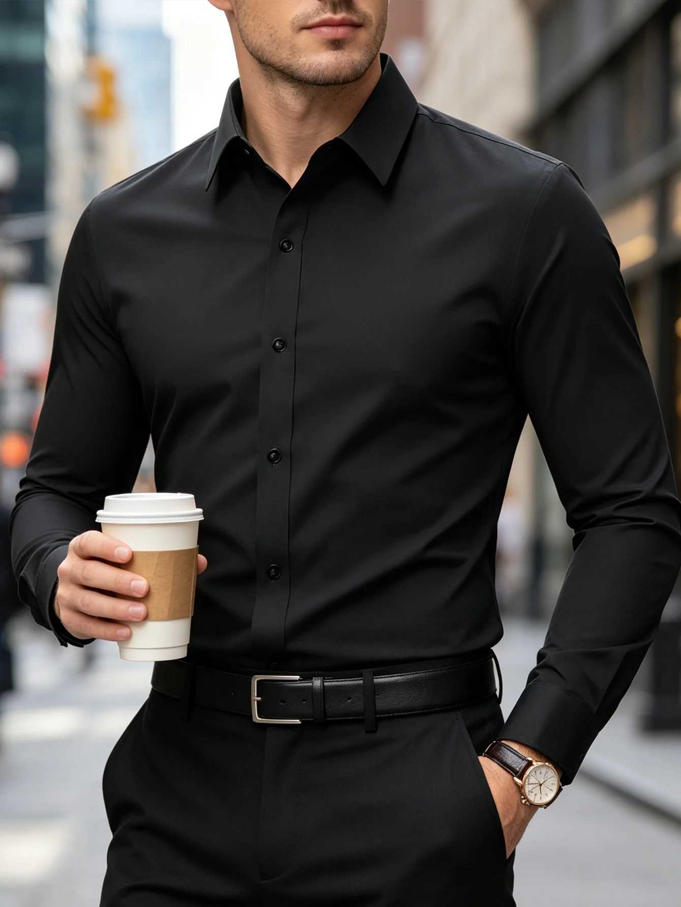 New Men Shirt Elegant Fashion European Long Sleeve Classic Smart Casual Elastic Anti-pilling Male Business Dress Shirts Z260805