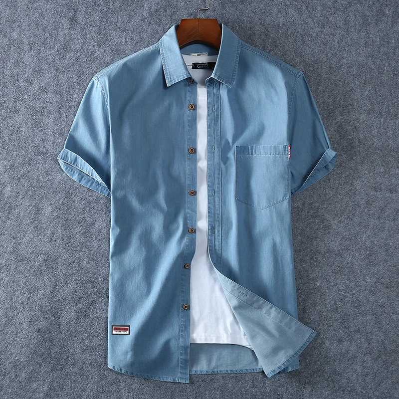 Men's Blue Denim Shirts Short Sleeve Jean Shirts New Summer High Quality Men Cotton Light Blue Denim Shirts Plus size L-8XL Z260805 - view 3