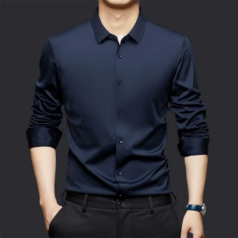 High Stretch Men's Dress Shirt Long Sleeved Solid Color Silky Business Casual Smooth Work Wrinkle Free White Black Office Shirt Z260805 - view 7