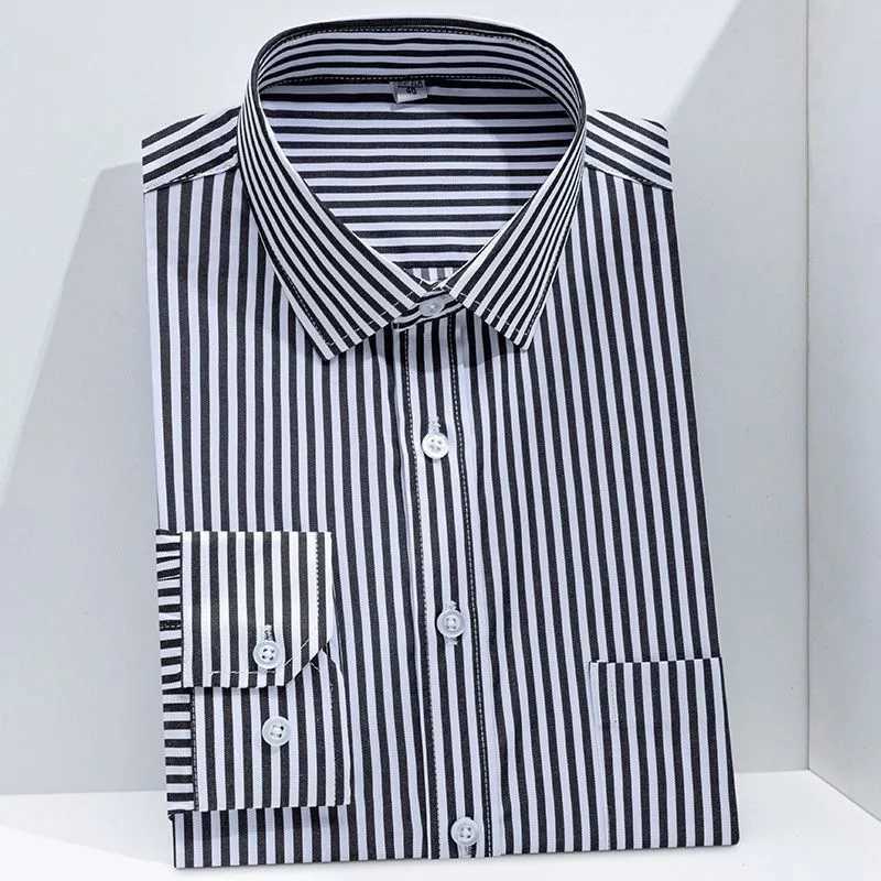 Men Formal Shirt Long Sleeve Office Solid Color Striped Fashion Business Pocket White Social Shirt Men's Clothing 5XL 6XL Z260805