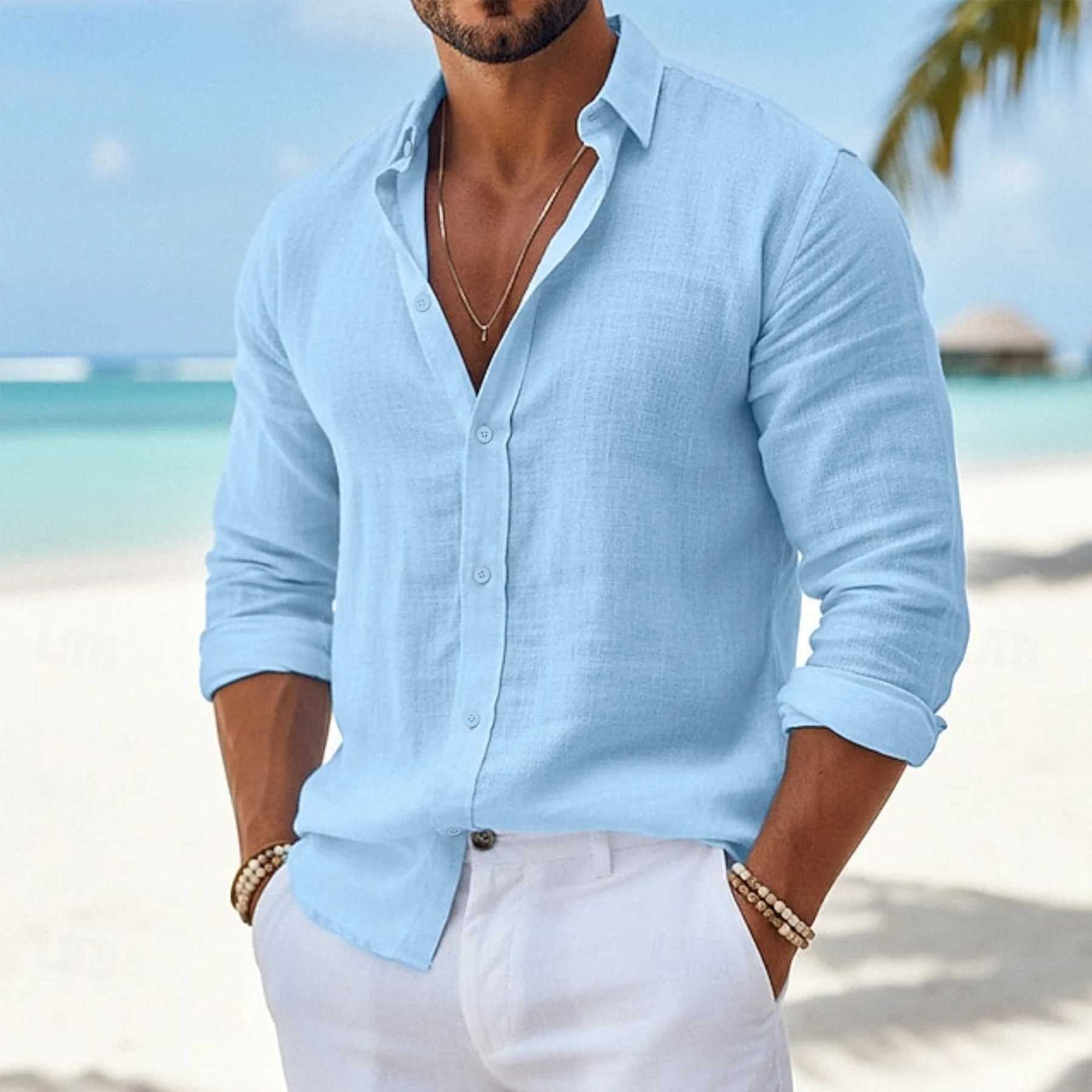 Men Casual Cotton Linen ShirtsStanding Collar Male Solid Color Long Sleeves Loose Tops Spring Autumn Handsome Men's Shirts Z260805