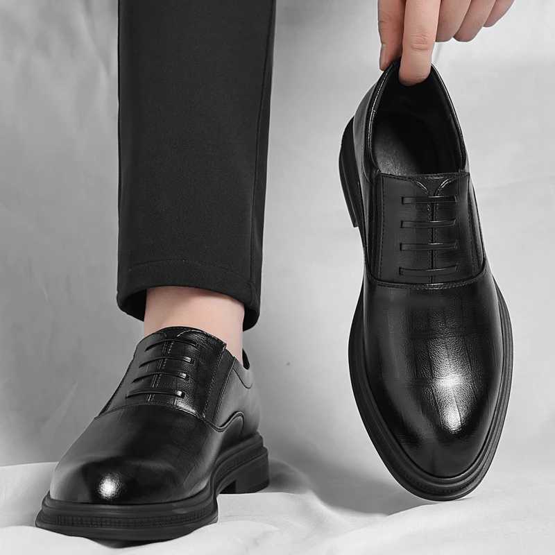 Genuine Leather Textured Slip Black On Formal Business Office Groom Wedding Daily Wear Shoes Fashion Simple Increase Height H260805 - view 5