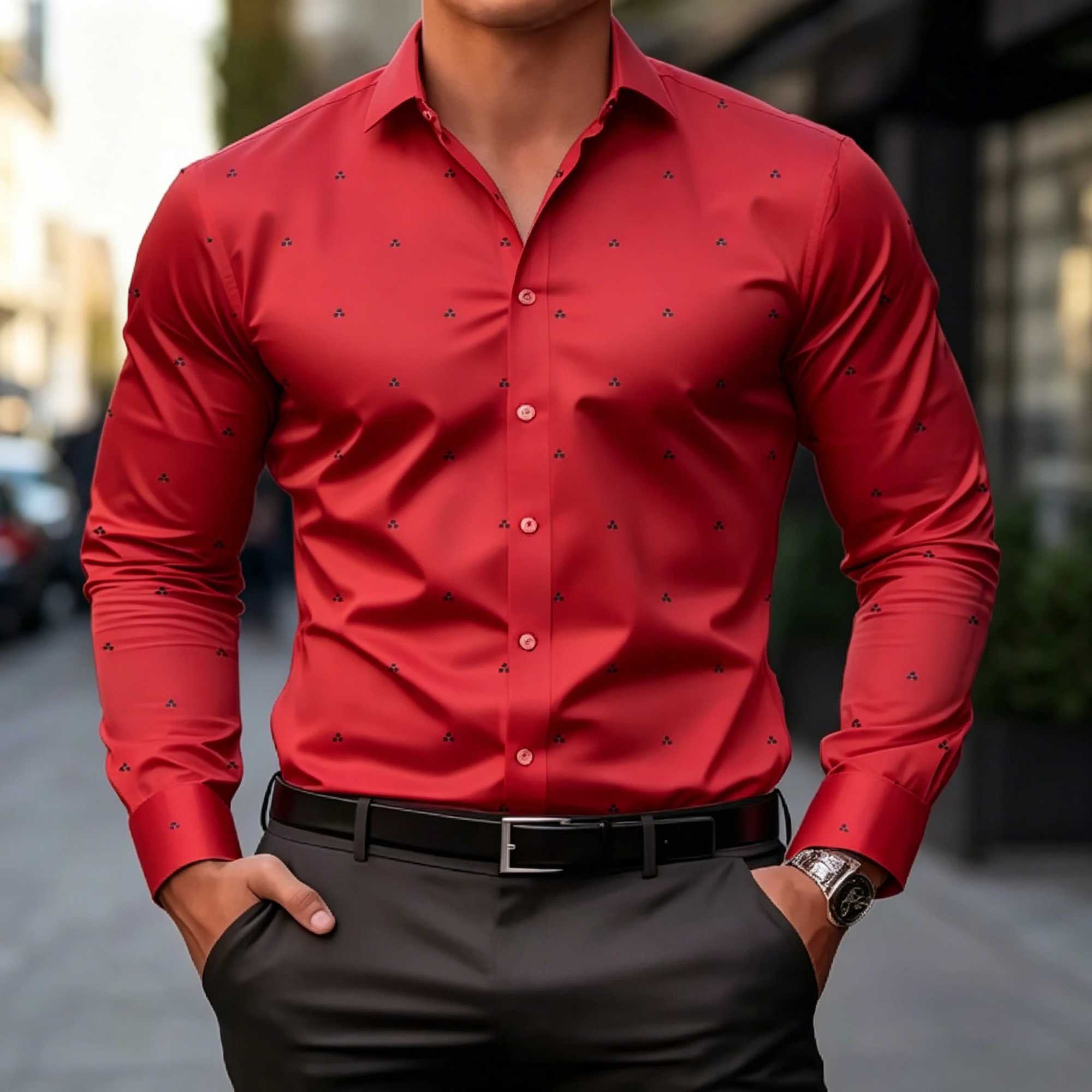 Men Slim Fit Lightweight Long Sleeve Shirt Subtle Geometric Dot Print Breathable Fabric Formal Casual Daily Tops Z260805