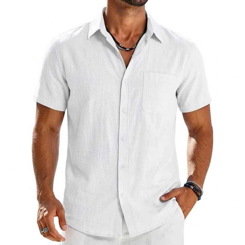 Mens Summer Solid Color Short Sleeve Tees and Premium Breathable Elegant Casual Shirts Hawaiian Inspired Cotton Linen Tops Z260805