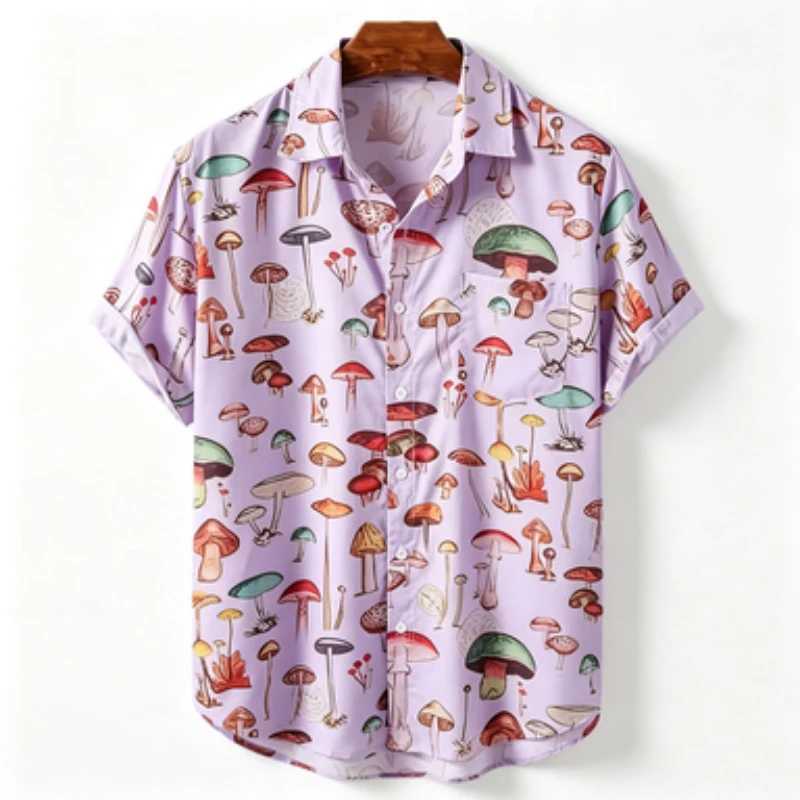 Men's short sleeved shirt with European and American style colorful mushroom print men's short sleeved shirt business casual Z260805