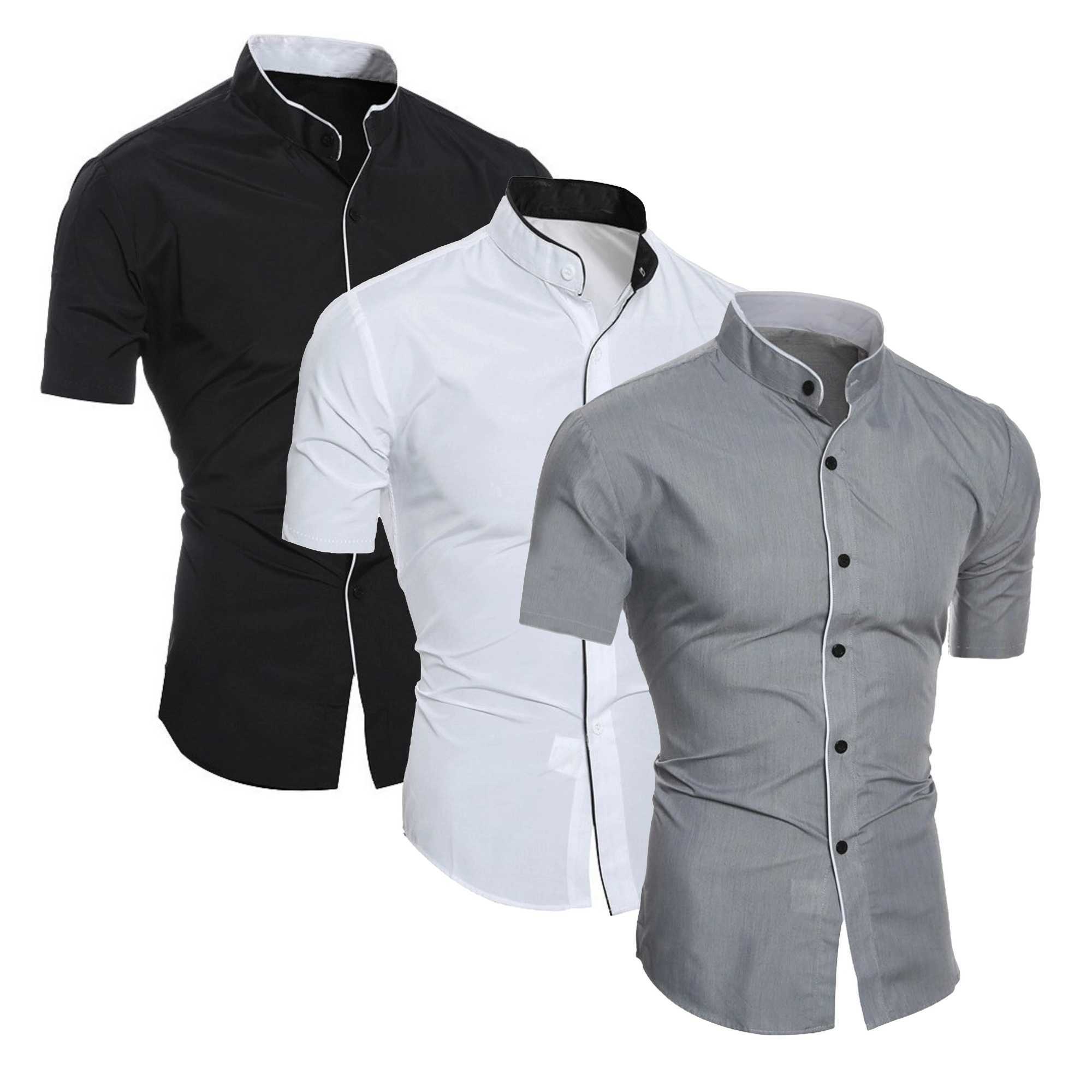 Men's summer short-sleeved casual fashion shirt comfortable and breathable slim men's solid color stand-up collar top Z260805