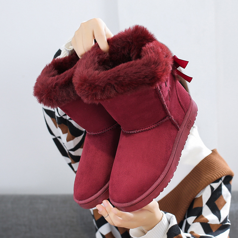 free shipping 2026 winter new style bow design warm snow boots for women fashion versatile casual lined short boots blue wine red