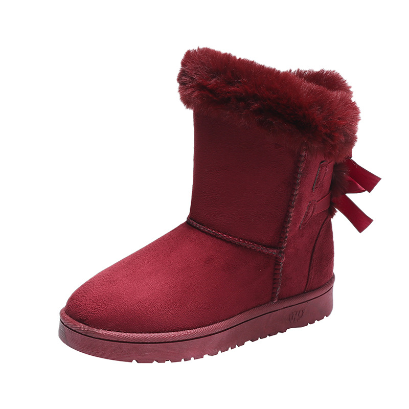 free shipping 2026 winter new style bow design warm snow boots for women fashion versatile casual lined short boots blue wine red