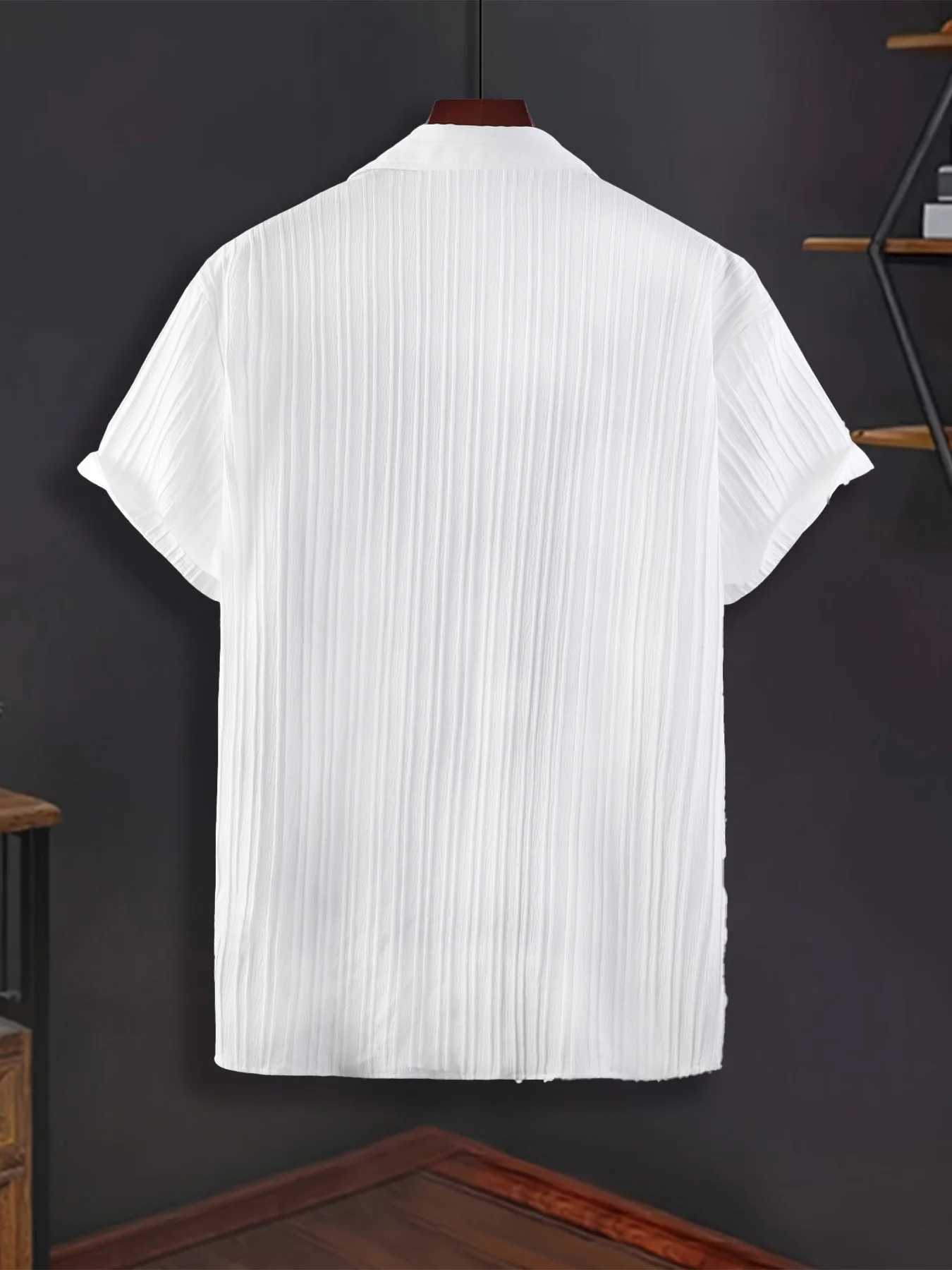 Men's Solid White Vertical Striped Textured Lapel Short Sleeve Shirt Summer Loose Casual Smart Top Z260805
