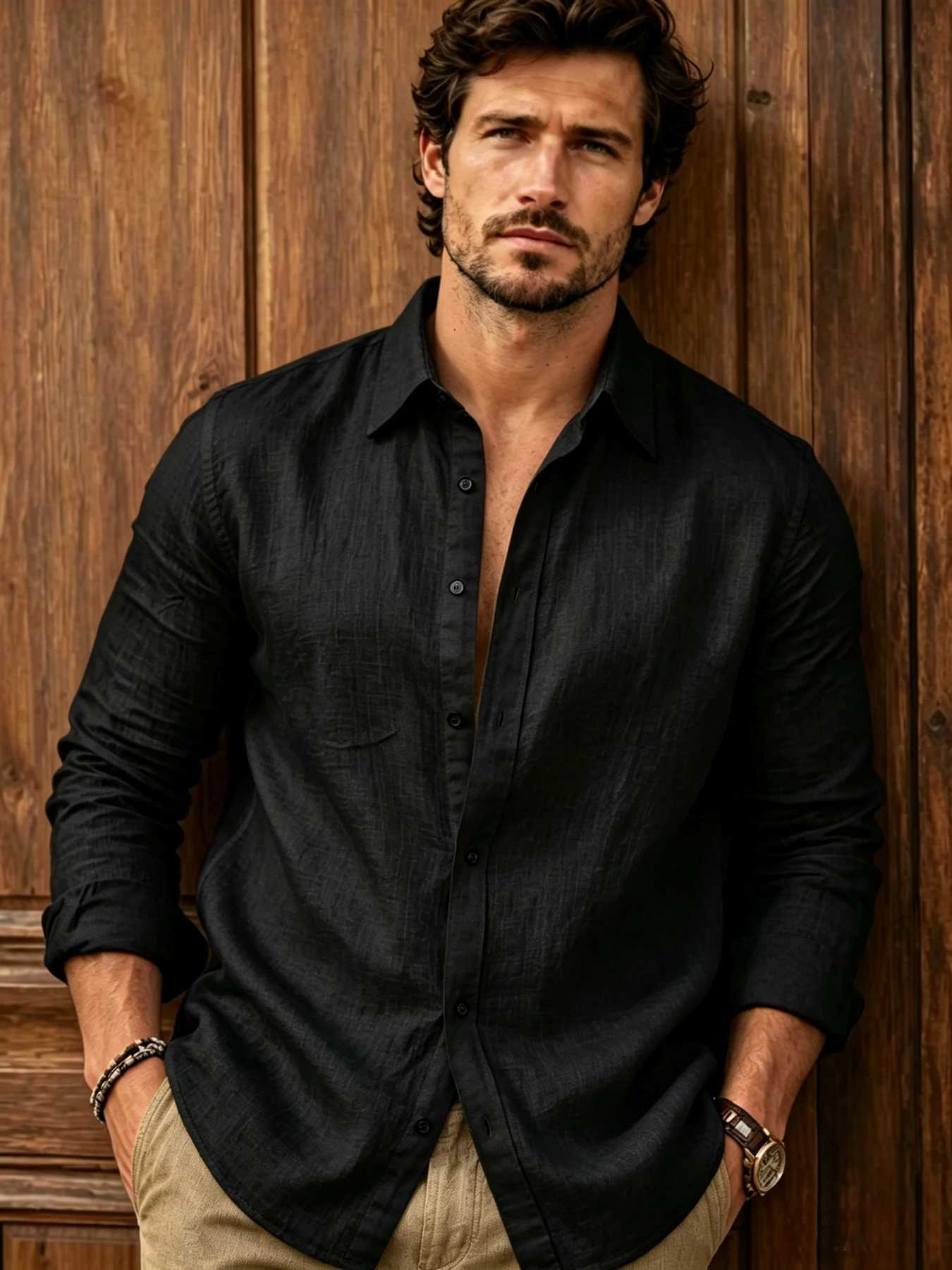 Men's retro casual style lapel single-breasted linen shirt natural texture linen fabric breathable sweat-tight relaxed and off Z260805 - view 4