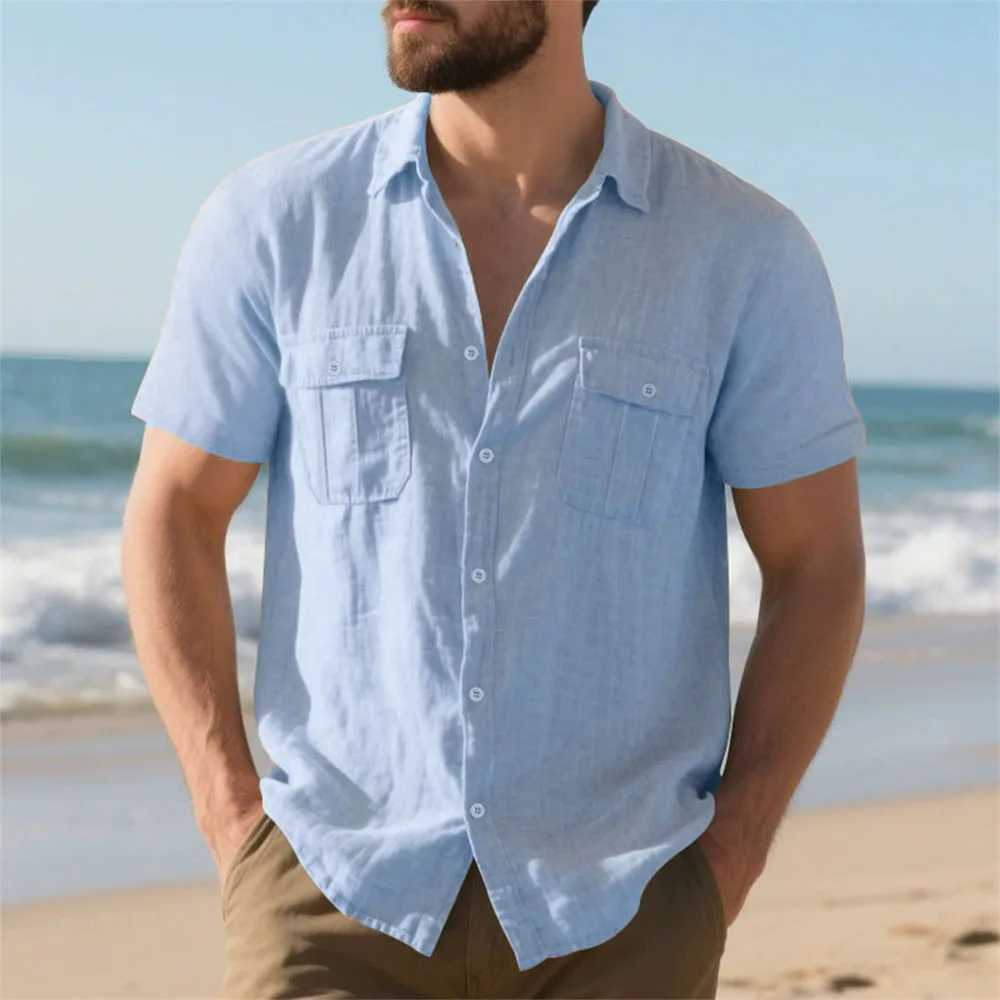 Summer Men's Cotton Linen Short Sleeve Shirt Double Pocket Solid Color Cargo Shirts Casual Vacation Beach Style Lightweight Tops Z260805 - view 5