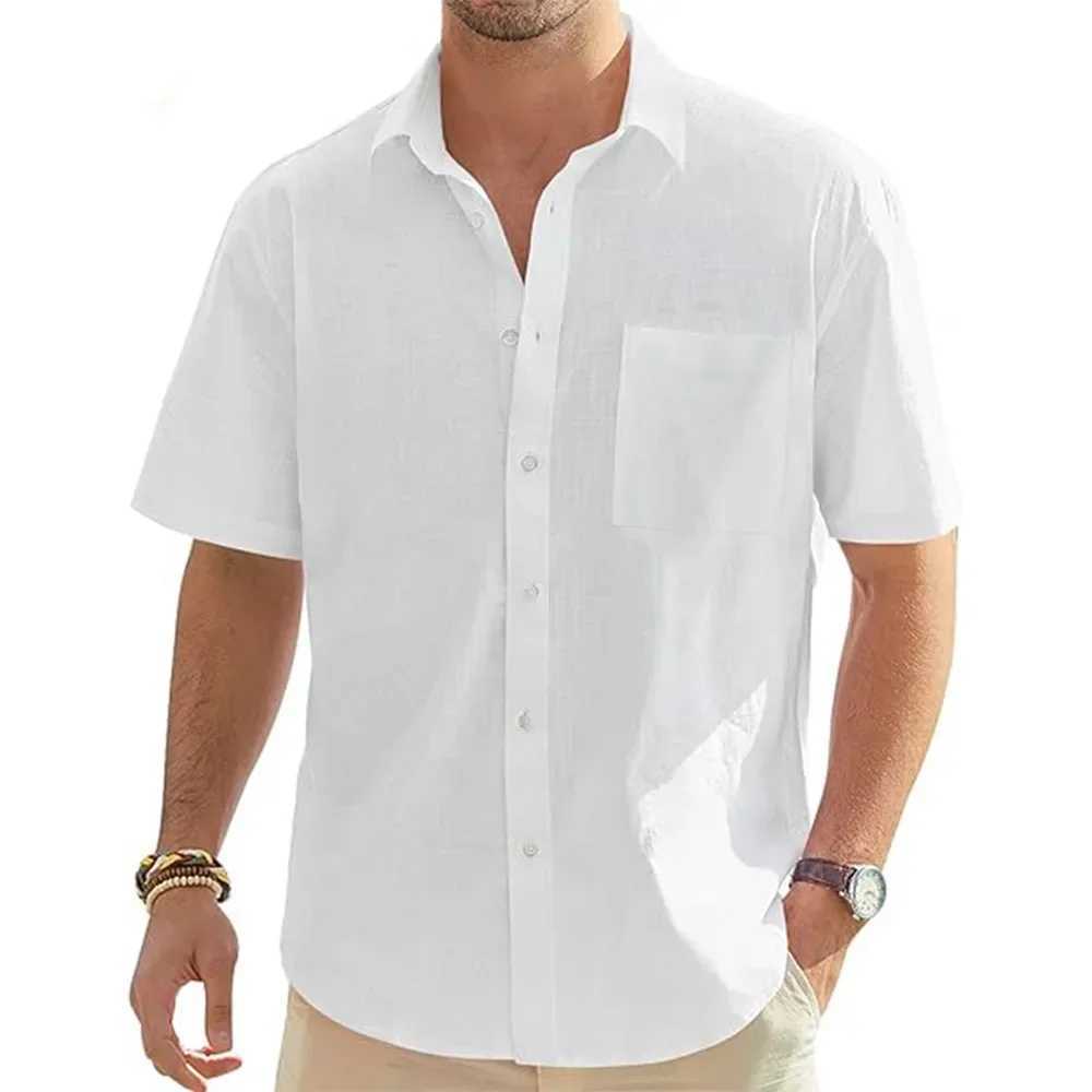 Men's Solid Color Cotton Linen Short Sleeve Shirts Vacation Beach Summer Tops with Pocket Casual Lightweight Button Shirts Z260805 - view 5