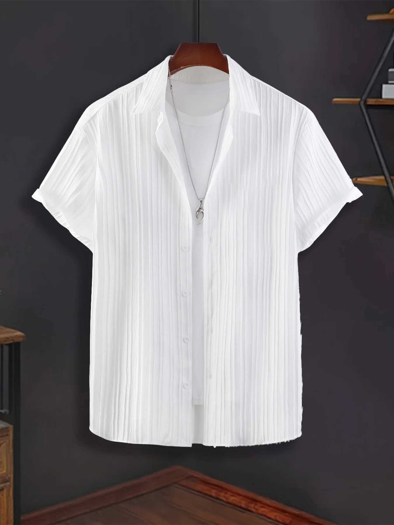 Men's Solid White Vertical Striped Textured Lapel Short Sleeve Shirt Summer Loose Casual Smart Top Z260805