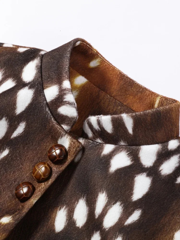 Vintage Womens Spotted Printed Jacket Stand Collar Full Sleeve Fur Cuff Button Slim Coat Autumn Winter Lady Streetwear 260801 - view 6