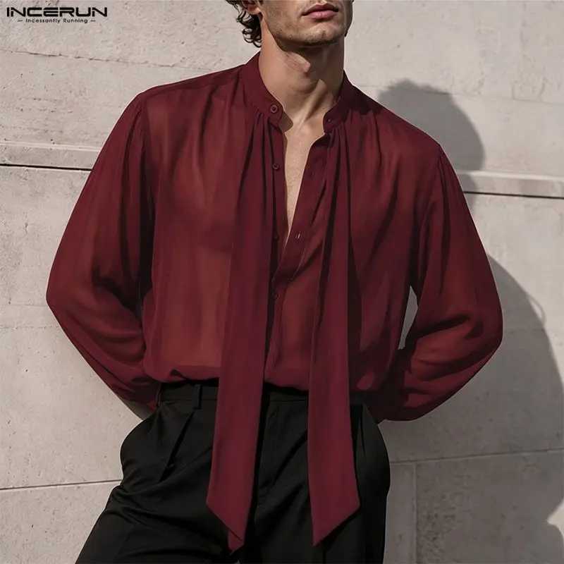 INCERUN Men's Shirt Solid See Through Long Sleeve Lace Up Men Clothes Sexy Streetwear Loose Shirts Party Fashion Tops For Man Z260805 - view 3