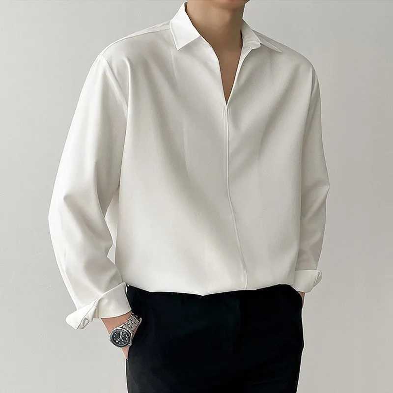 New Korean V Neck Men Shirts Luxury Casual Drooping Style Slim Solid Color Long Sleeve Pullover Blouse High Quality Autumn Tops Z260805